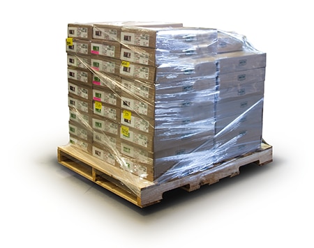 Palletized labels according to a customer's specifications.