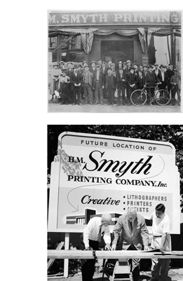Print room workers gathered in front of an early Smyth print shop.  Smyth leaders reviewing plans for a Smyth facility in St. Paul, Minnesota.